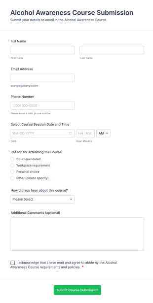 Alcohol Awareness Course Submission Form Template