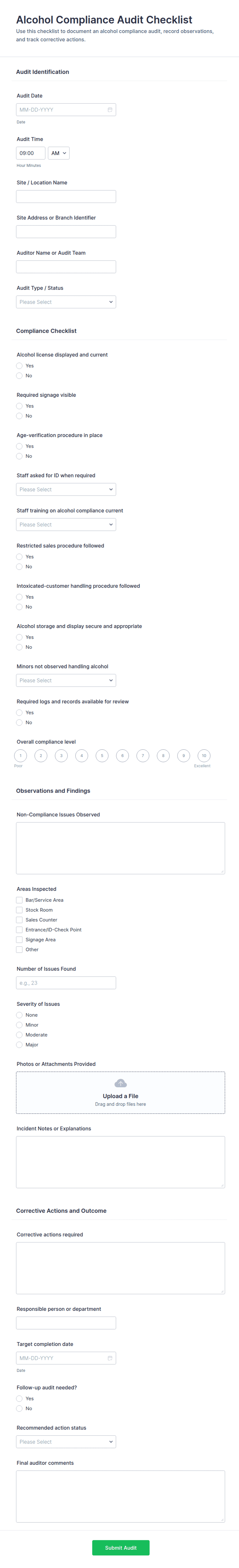 Alcohol Compliance Audit Checklist Form Template | Jotform