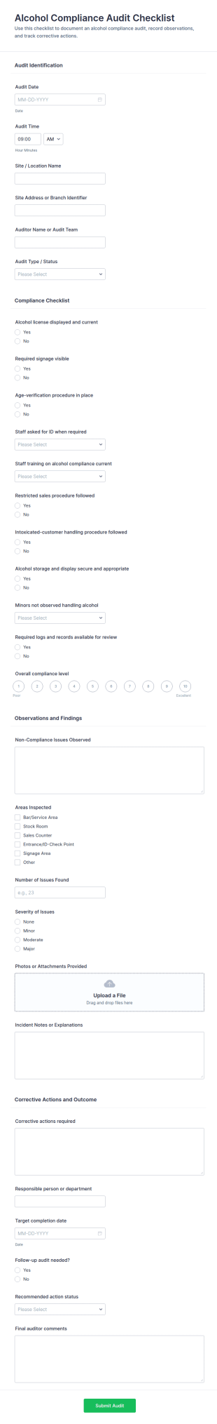 Alcohol Compliance Audit Checklist Form Template
