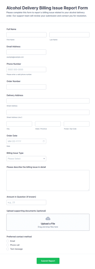 Alcohol Delivery Billing Issue Report Form Template