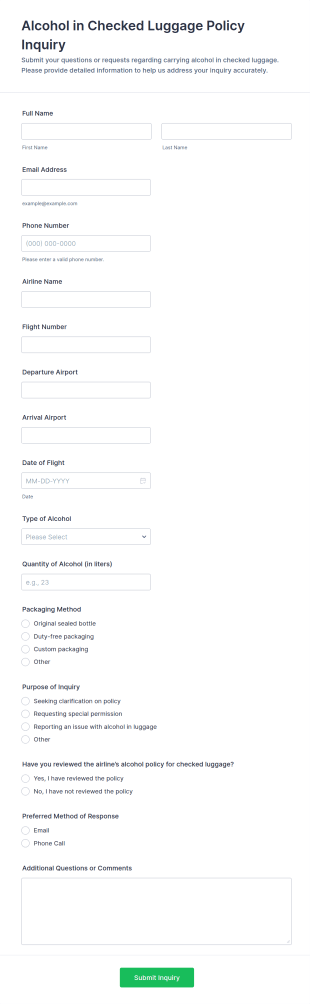 Alcohol In Checked Luggage Policy Inquiry Form Template