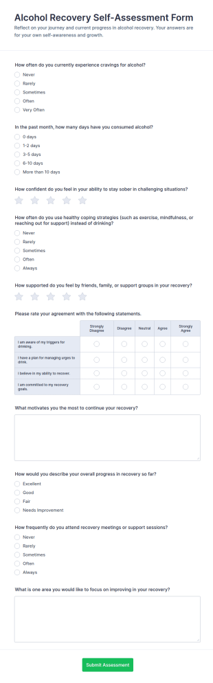 Alcohol Recovery Self Assessment Form Template