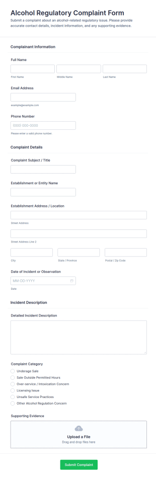 Alcohol Regulatory Complaint Form Template