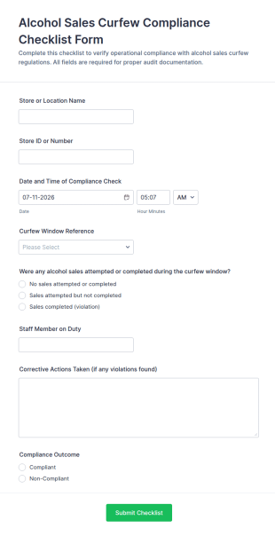 Alcohol Sales Curfew Compliance Checklist Form Template