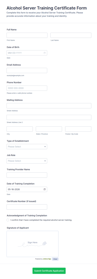 Alcohol Server Training Certificate Form Template