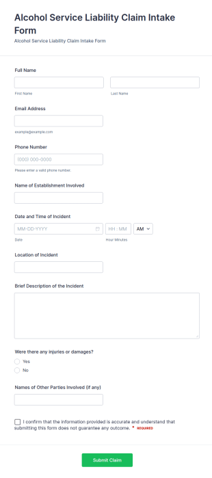 Alcohol Service Liability Claim Intake Form Template
