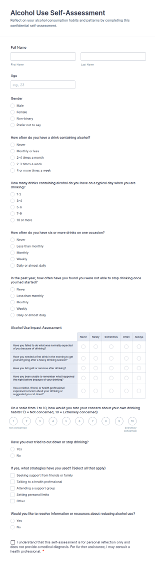 Alcohol Use Self Assessment Form Template