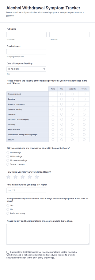 Alcohol Withdrawal Symptom Tracker Form Template