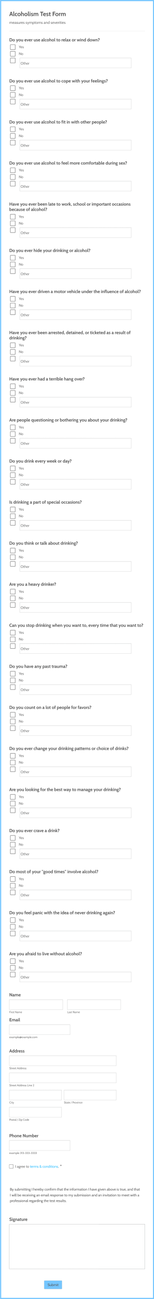 Alcoholism Testing Form Template