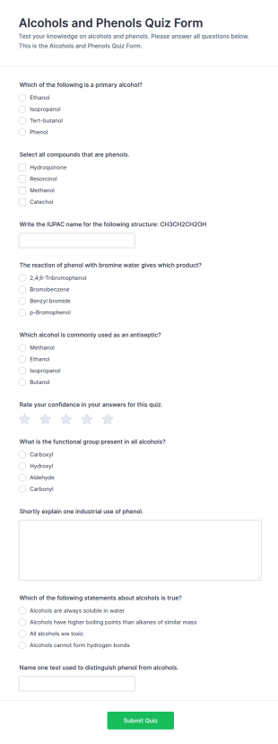 Alcohols And Phenols Quiz Form Template
