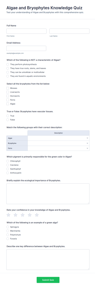 Algae And Bryophytes Knowledge Quiz Form Template