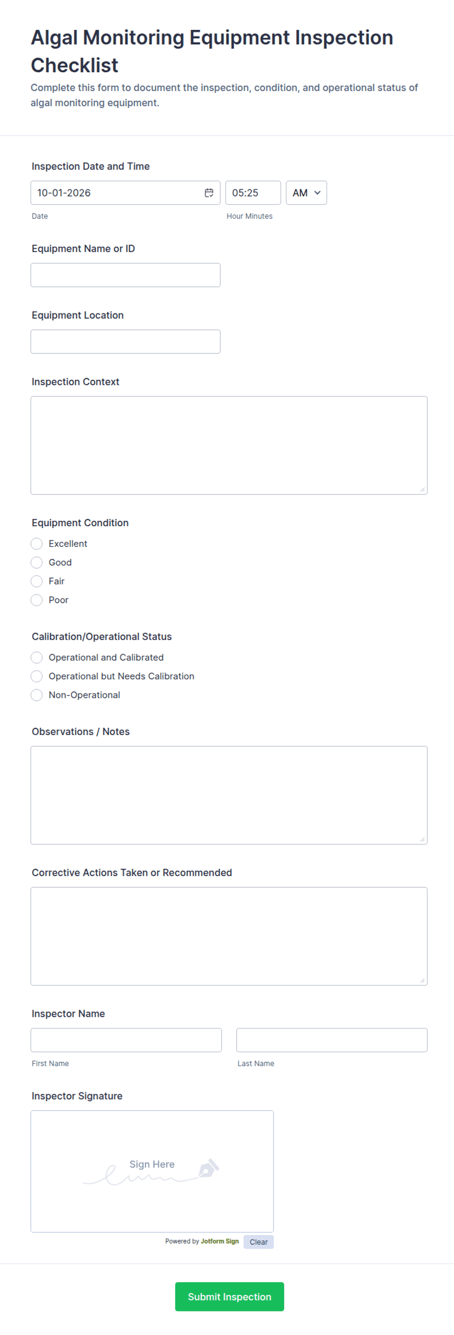 Example Insection Report Form Algal Monitoring Equipment Inspection Checklist Form Template | Jotform