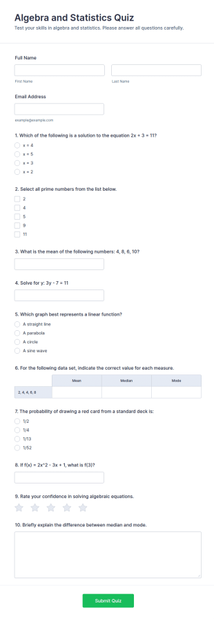 Algebra And Statistics Quiz Form Template
