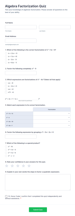 Algebra Factorization Quiz Form Template