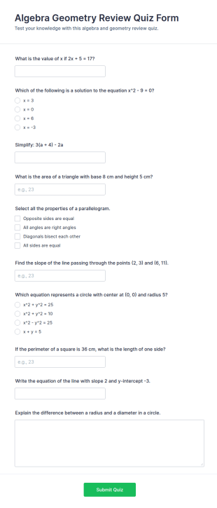 Algebra Geometry Review Quiz Form Template