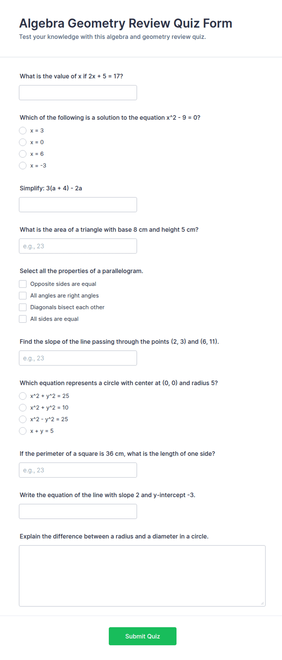 Algebra Geometry Review Quiz Form Template | Jotform