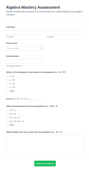 Algebra Mastery Assessment Form Template