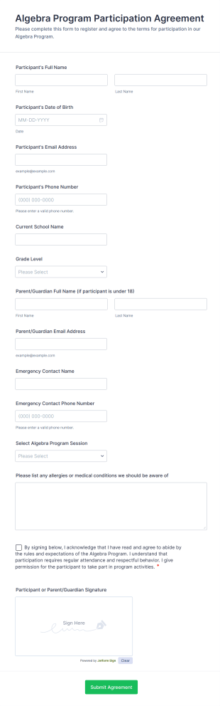 Algebra Program Participation Agreement Form Template