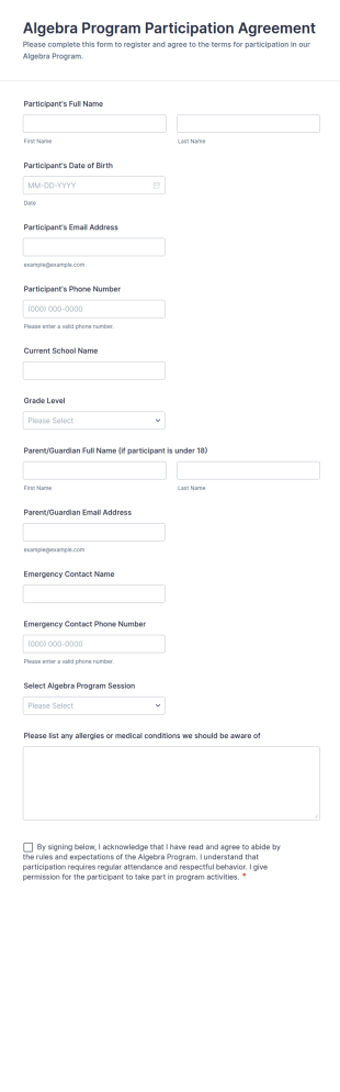 Algebra Program Participation Agreement Form Template