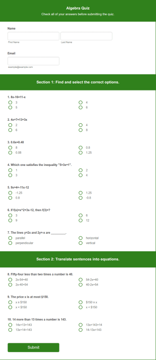 Algebra Quiz Form Template