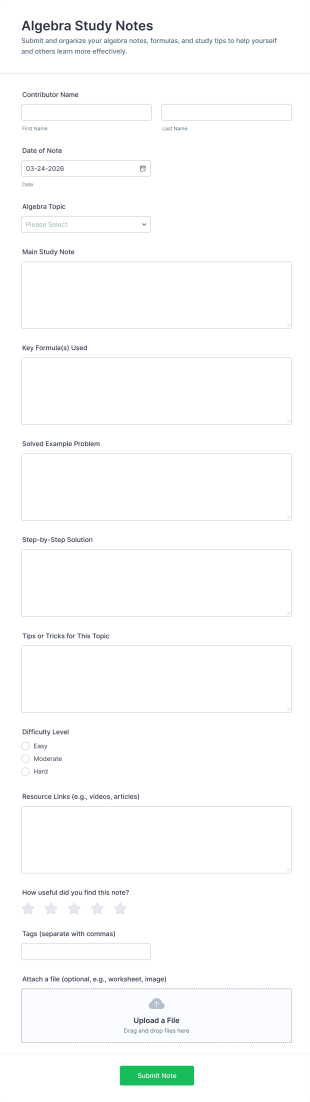 Algebra Study Notes Form Template