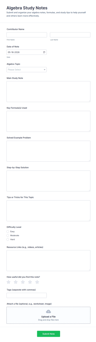 Algebra Study Notes Form Template