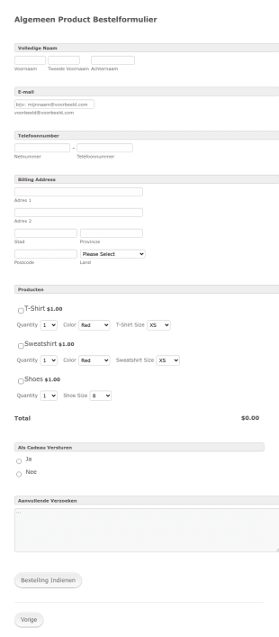Algemeen Product Bestelformulier