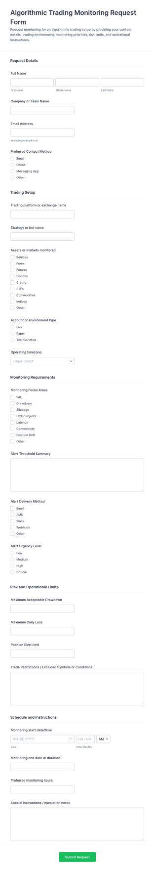Algorithmic Trading Monitoring Request Form Template