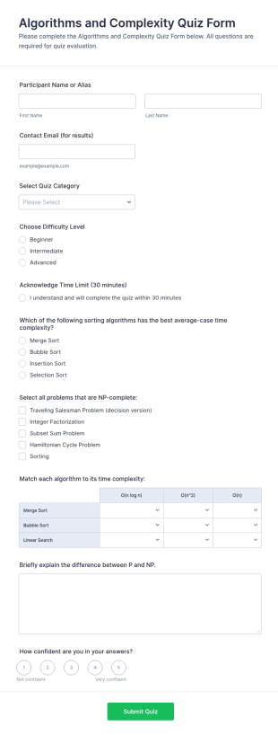 Algorithms And Complexity Quiz Form Template