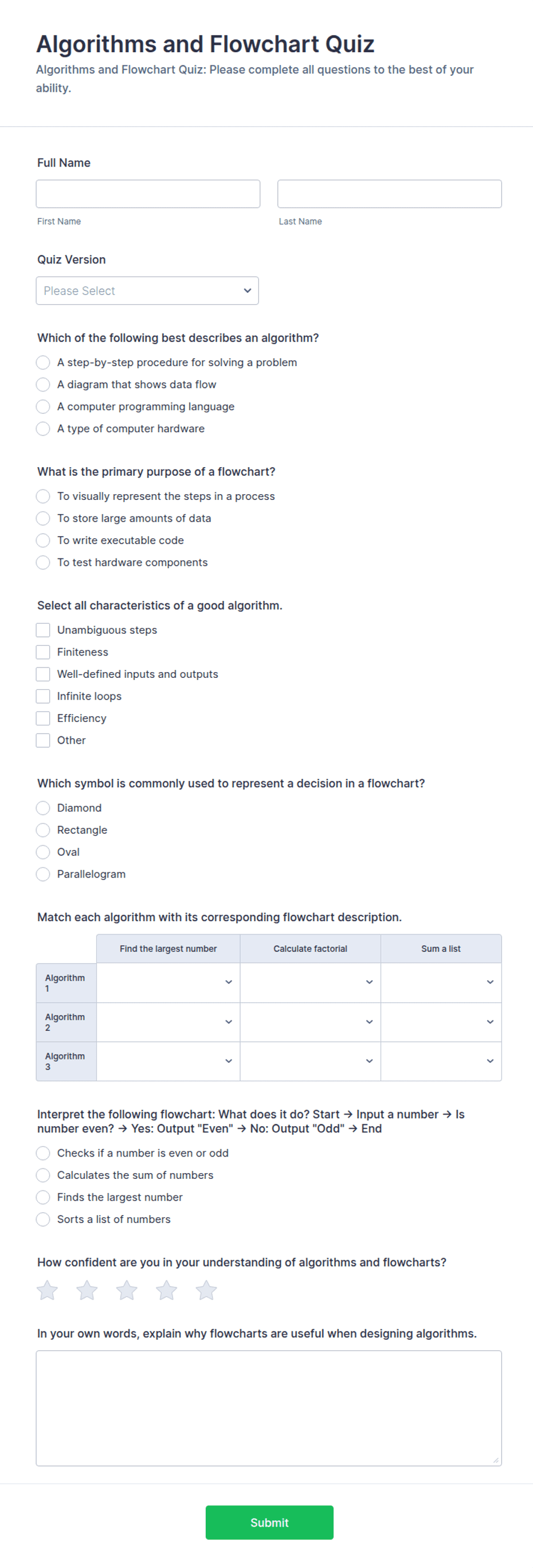 Algorithm Web Form Algorithms and Flowchart Quiz Form Template | Jotform
