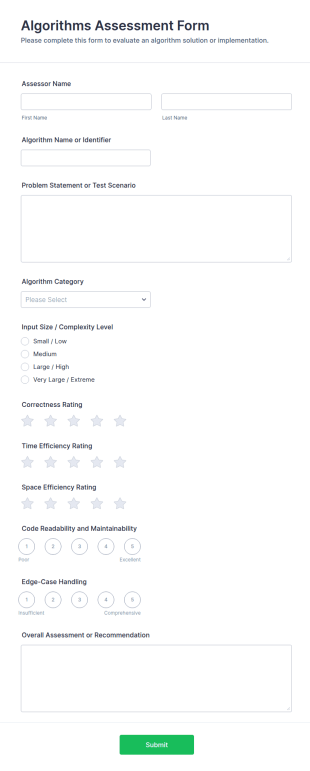 Algorithms Assessment Form Template