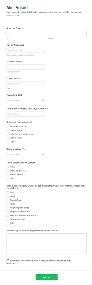 Alıcı Anketi Form Şablonu