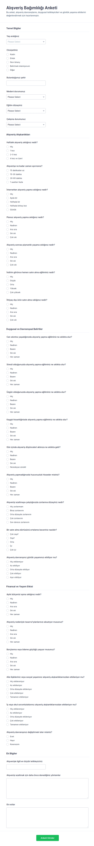 Alışveriş Bağımlılığı Değerlendirme Anketi Form Şablonu