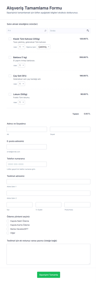 Alışveriş Tamamlama Form Şablonu
