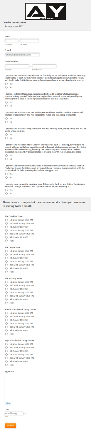 Alive Youth Ministry Coach Commitment Form Template