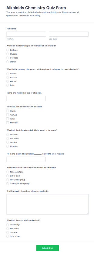 Alkaloids Chemistry Quiz Form Template