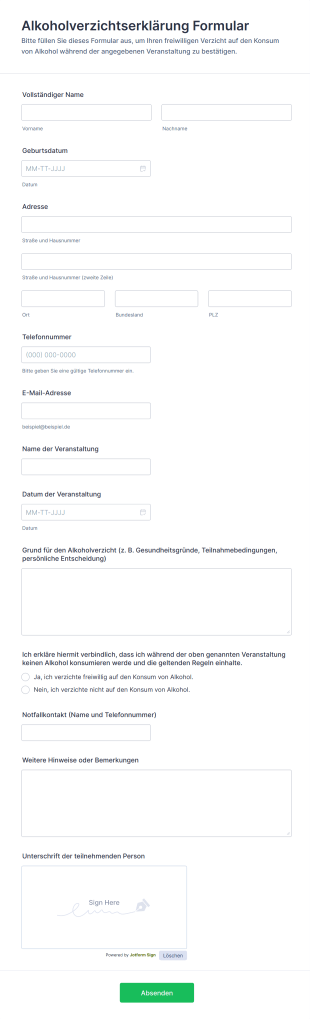 Alkoholverzichtserklärung Formular
