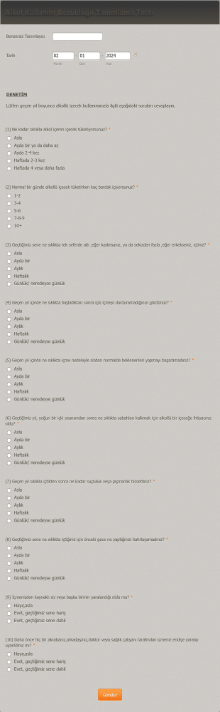 Alkol Kullanım Bozukluğu Tanımlama Testi (AUDIT) Form Template