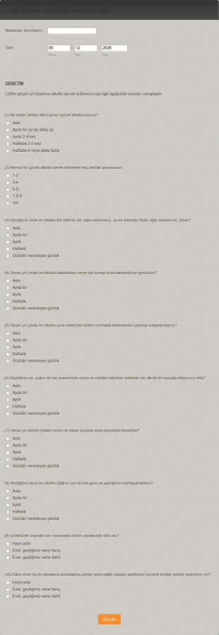 Alkol Kullanım Bozukluğu Tanımlama Testi (AUDIT) Form Şablonu