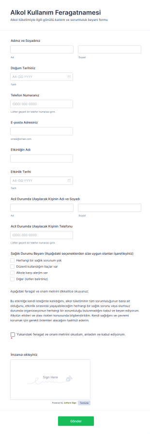 Alkol Kullanım Feragatnamesi Form Şablonu