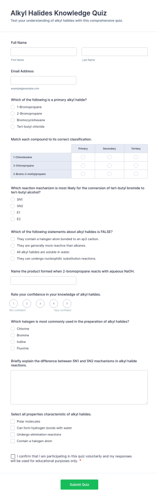 Alkyl Halides Knowledge Quiz Form Template
