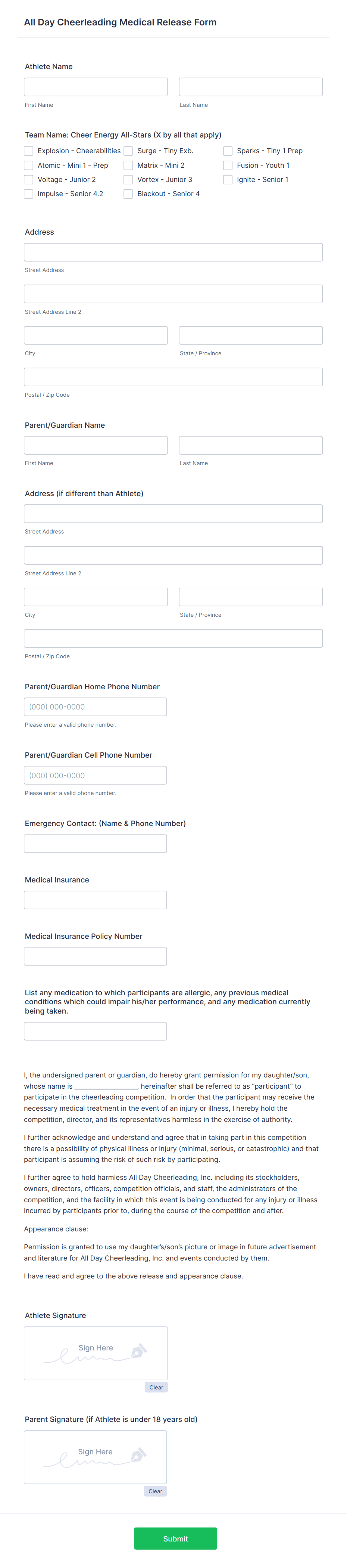 All Day Cheer Release Form Template | Jotform