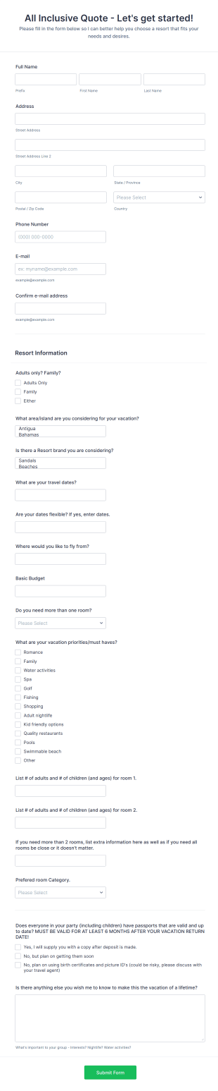 All Inclusive Vacation Planning Request Form Template