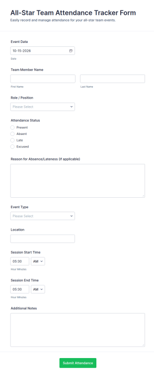 All Star Team Attendance Tracker Form Template
