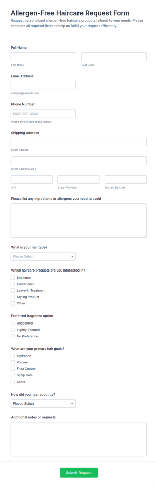 Allergen Free Haircare Request Form Template