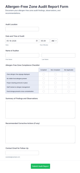 Allergen Free Zone Audit Report Form Template