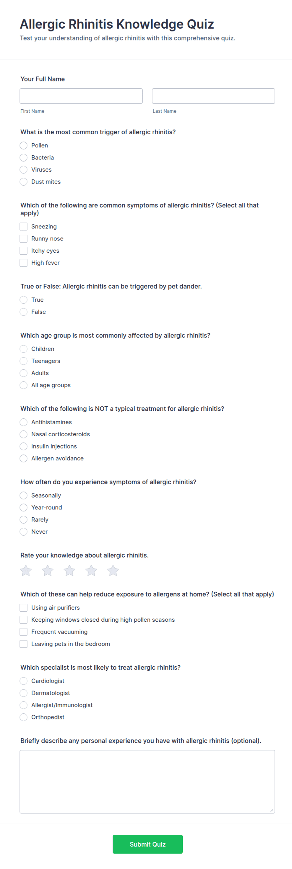 Allergic Rhinitis Knowledge Quiz Form Template | Jotform