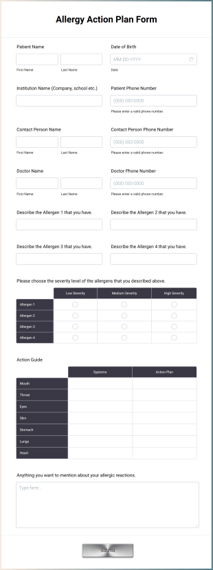 Allergy Action Plan Form Template