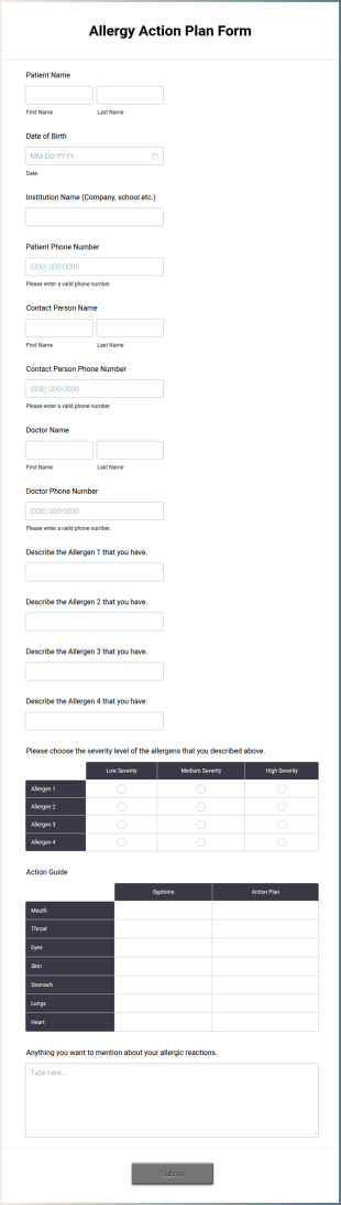 Allergy Action Plan Form Template