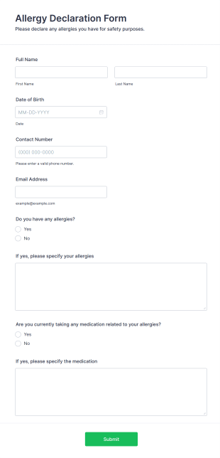 Allergy Declaration Form Template